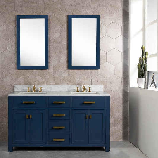 Water Creation MS60CW06MB-R21000000 MADISON 60"W x 34"H Monarch Blue Double-Sink Vanity with Carrara White Marble Countertop + Mirror