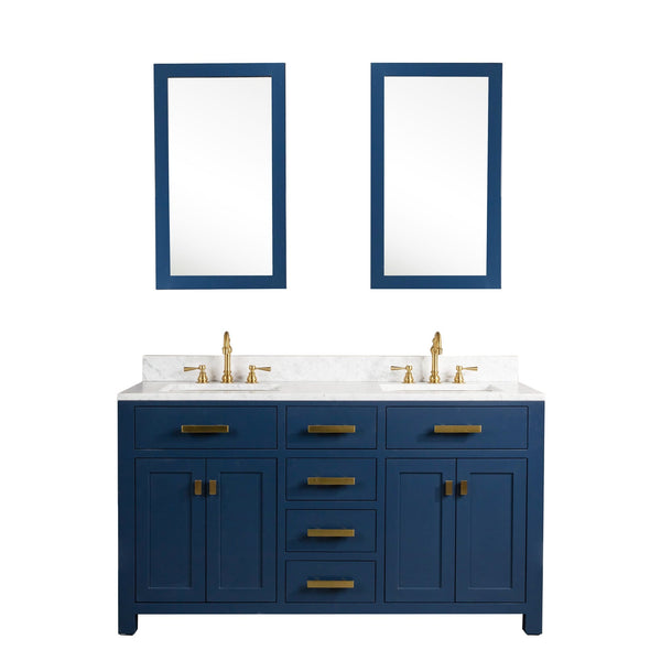 Water Creation MS60CW06MB-R21TL1206 MADISON 60W x 34H Monarch Blue Double-Sink Vanity with Carrara White Marble Countertop + Faucets & Mirror (F2-0012-06-TL)