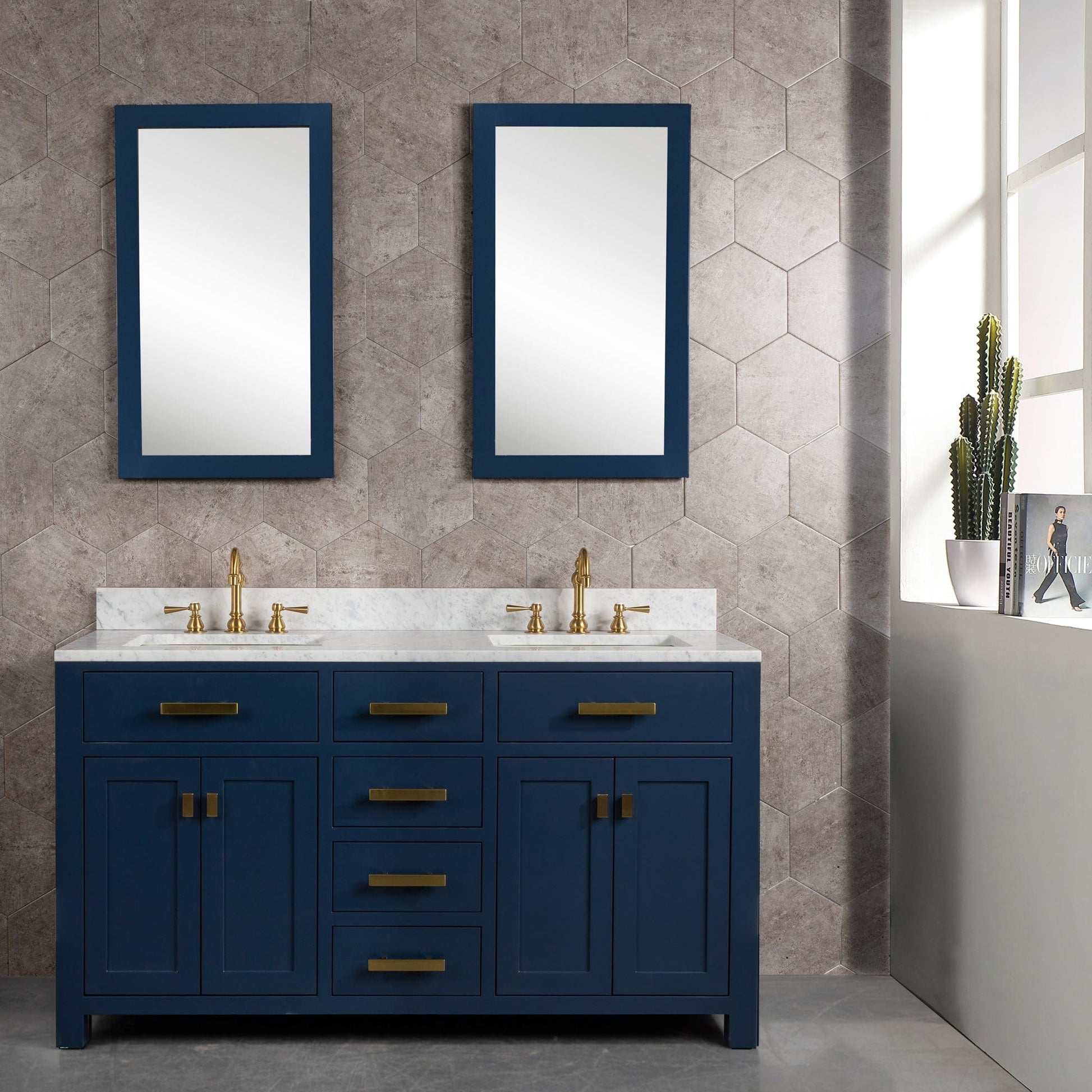 Water Creation MS60CW06MB-R21TL1206 MADISON 60"W x 34"H Monarch Blue Double-Sink Vanity with Carrara White Marble Countertop + Faucets & Mirror (F2-0012-06-TL)