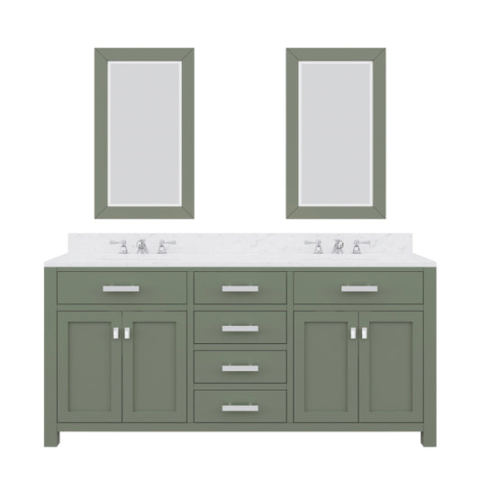 Water Creation MS72CW01GN-R21000000 MADISON 72"W x 34"H Glacial Green Double-Sink Vanity with Carrara White Marble Countertop + Mirror