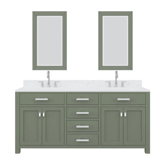 Water Creation MS72CW01GN-R21BL1401 MADISON 72"W x 34"H Glacial Green Double-Sink Vanity with Carrara White Marble Countertop + Gooseneck Faucet and Mirror