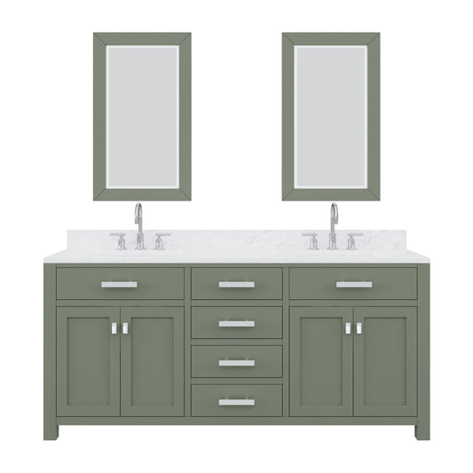Water Creation MS72CW01GN-R21BL1401 MADISON 72"W x 34"H Glacial Green Double-Sink Vanity with Carrara White Marble Countertop + Gooseneck Faucet and Mirror