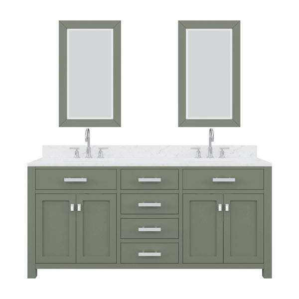 Water Creation MS72CW01GN-R21BL1401 MADISON 72W x 34H Glacial Green Double-Sink Vanity with Carrara White Marble Countertop + Gooseneck Faucet and Mirror