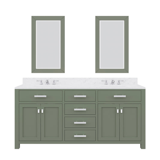 Water Creation MS72CW01GN-R21TL0901 MADISON 72"W x 34"H Glacial Green Double-Sink Vanity with Carrara White Marble Countertop + Classic Faucet and Mirror