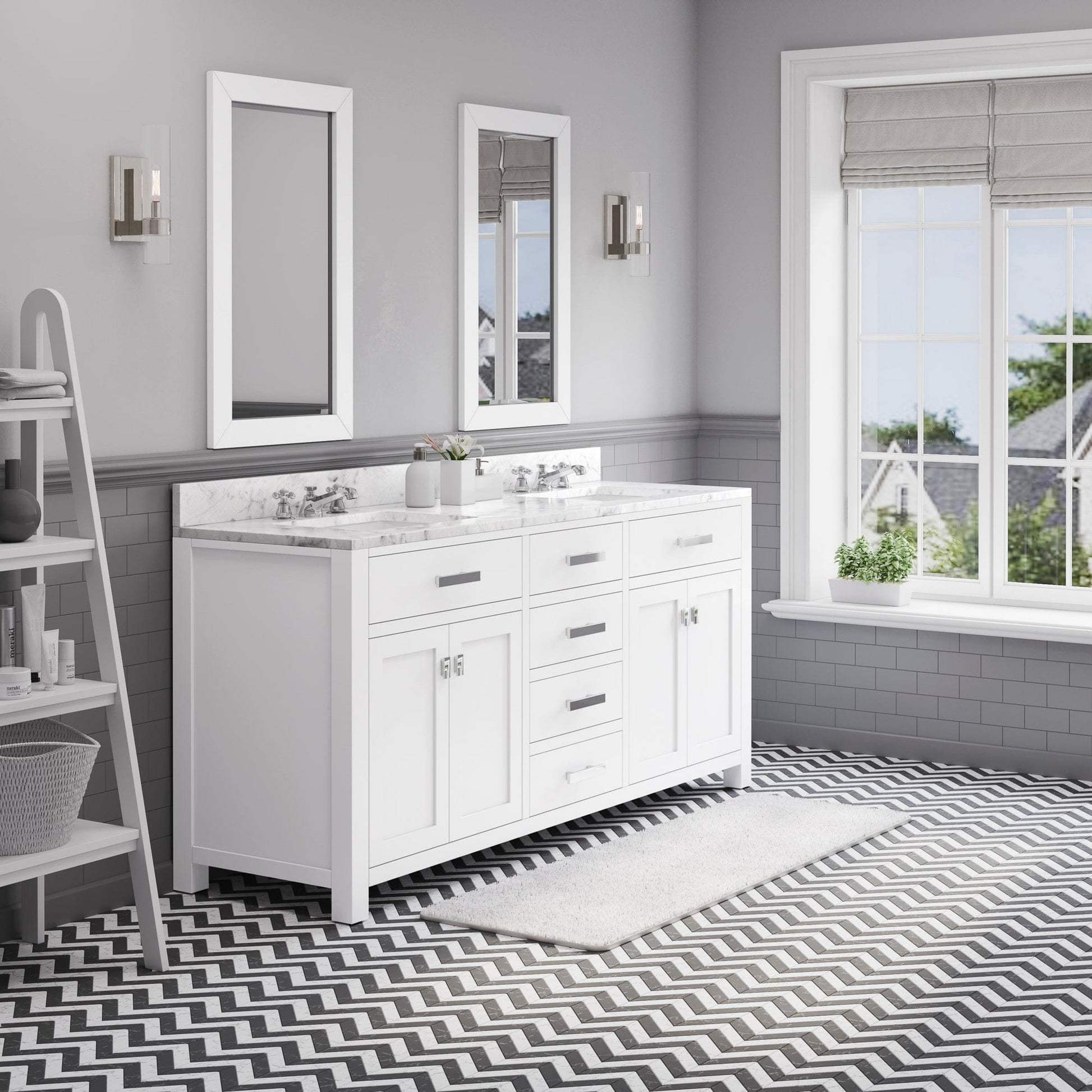 Water Creation MS72CW01PW-R24BX0901 MADISON 72"W x 34"H Pure White Double-Sink Vanity + Faucets & Mirrors