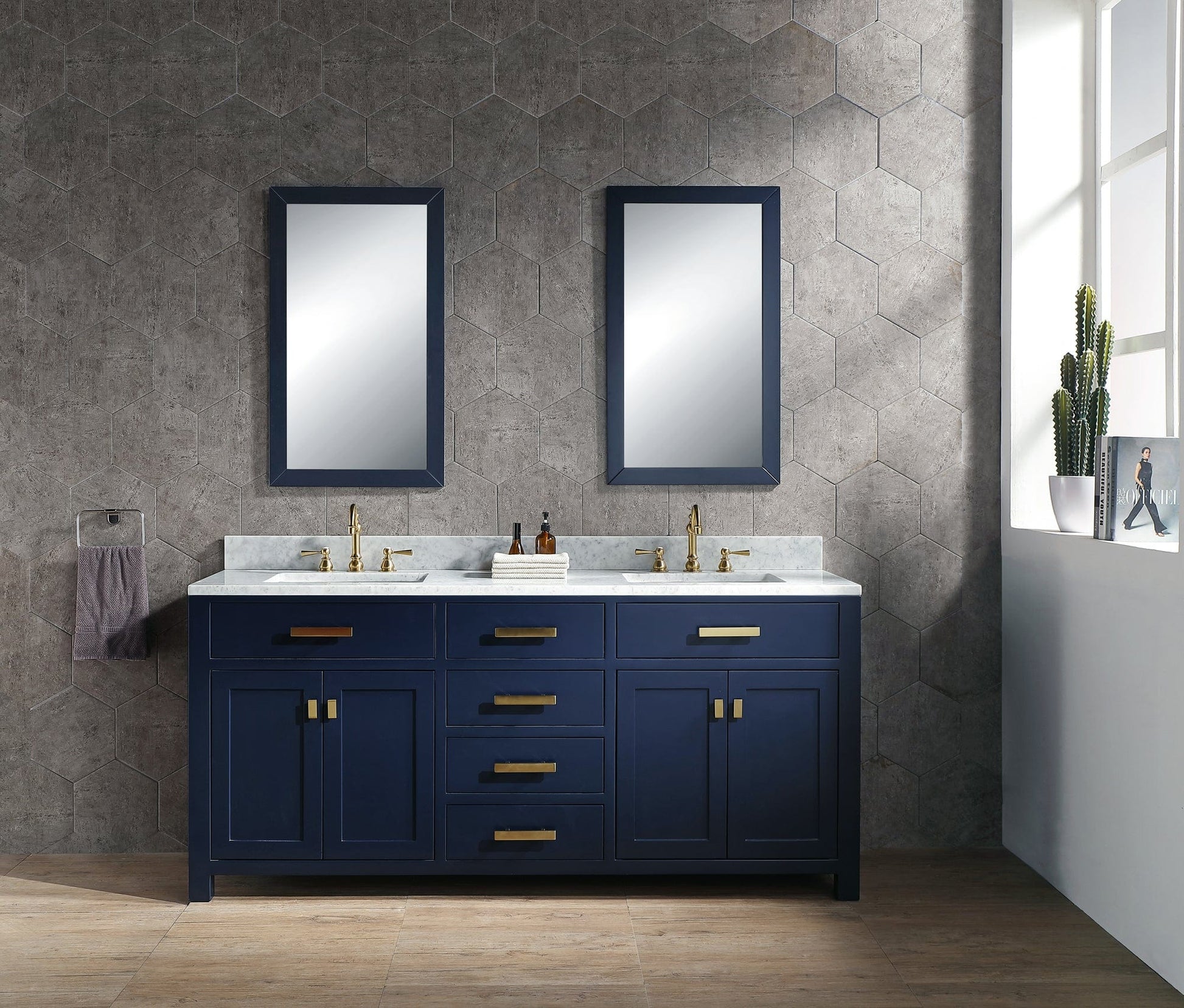 Water Creation MS72CW06MB-000TL1206 MADISON 72"W x 34"H Monarch Blue Double-Sink Vanity with Carrara White Marble Countertop + Faucets (F2-0012-06-TL)