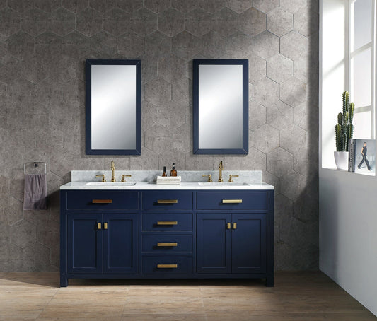 Water Creation MS72CW06MB-000TL1206 MADISON 72"W x 34"H Monarch Blue Double-Sink Vanity with Carrara White Marble Countertop + Faucets (F2-0012-06-TL)