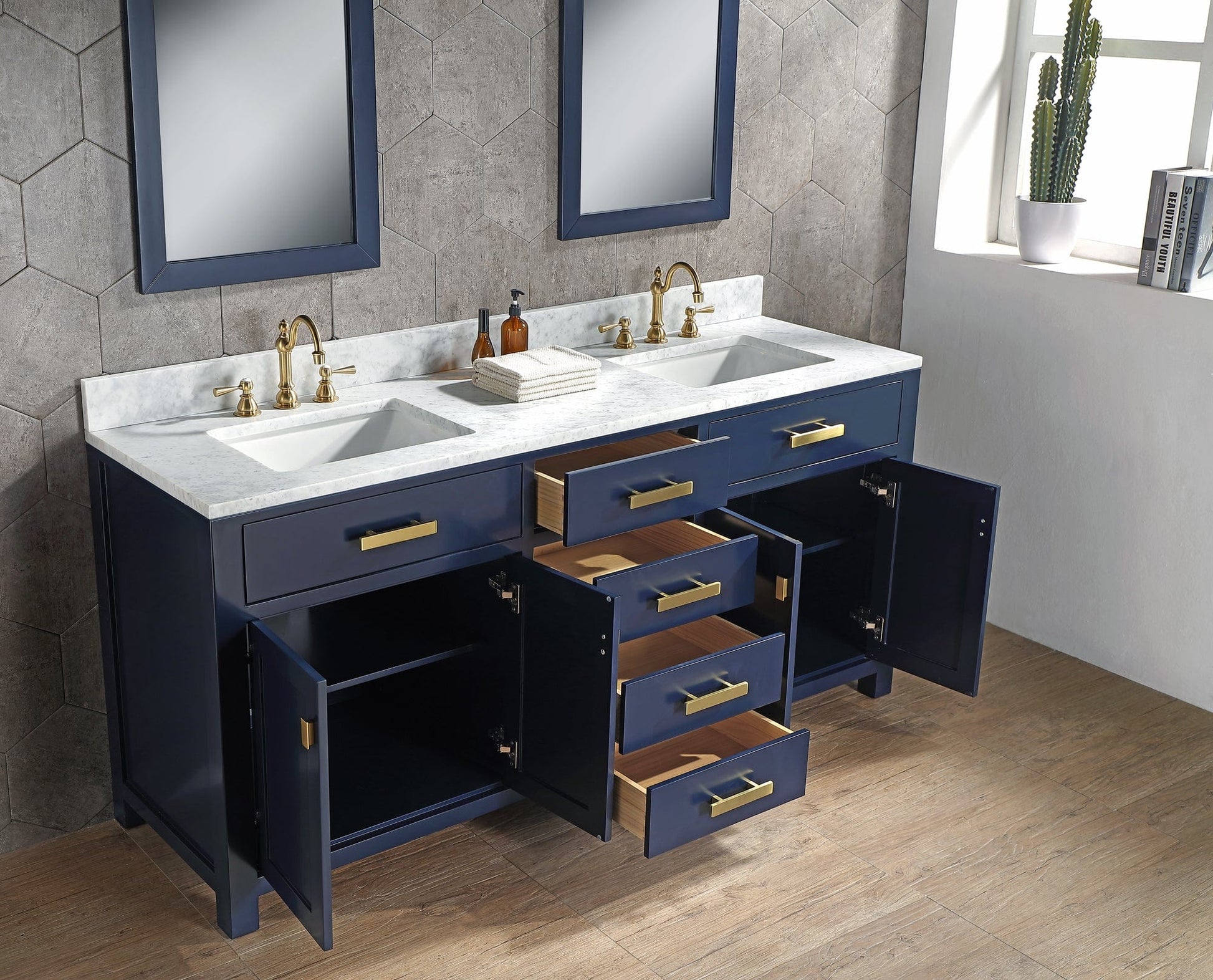 Water Creation MS72CW06MB-R21TL1206 MADISON 72"W x 34"H Monarch Blue Double-Sink Vanity with Carrara White Marble Countertop + Faucets & Mirror (F2-0012-06-TL)