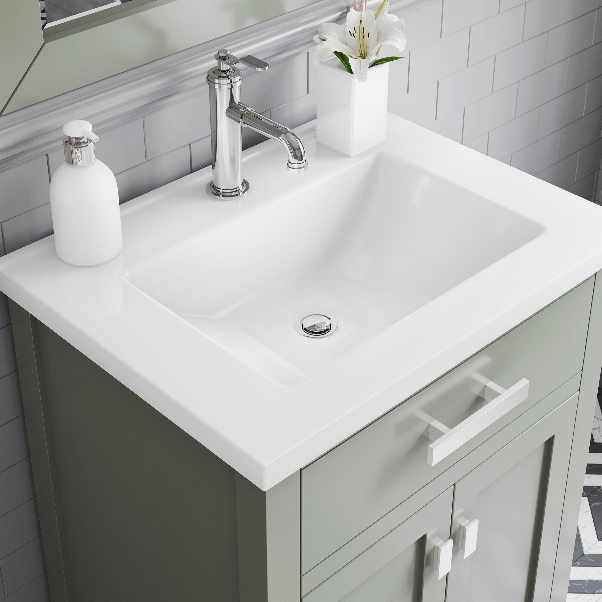 Water Creation MY24CR01GN-000NH0101 MYRA 24"W x 34"H Glacial Green Integrated Ceramic Sink Vanity + Modern Single Faucet