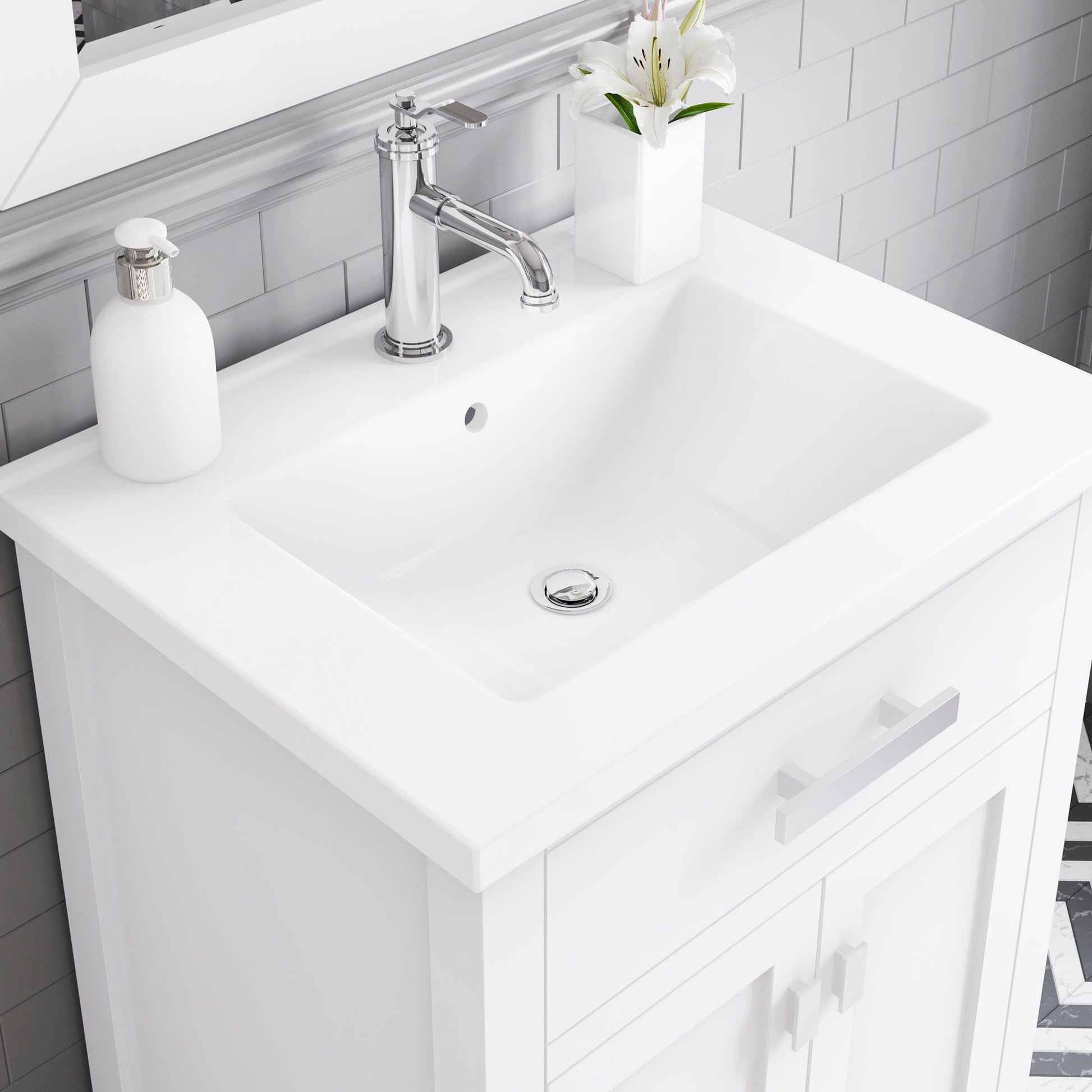 Water Creation MY24CR01PW-000NH0101 MYRA 24"W x 34"H Pure White Integrated Ceramic Sink Vanity + Modern Single Faucet