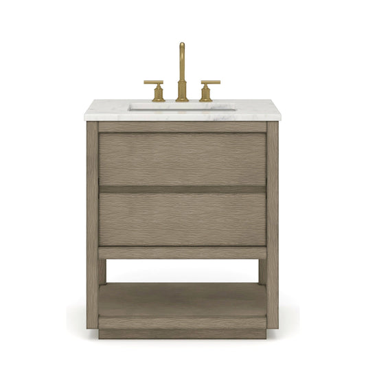 Water Creation OA30CW00GK-000BL1406 OAKMAN 30"W x 34.3"H Gray Oak Single-Sink Vanity with Carrara White Marble Countertop + Gold Faucets