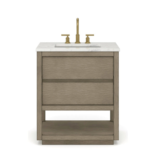 Water Creation OA30CW00GK-000BL1406 OAKMAN 30W x 34.3H Gray Oak Single-Sink Vanity with Carrara White Marble Countertop + Gold Faucets