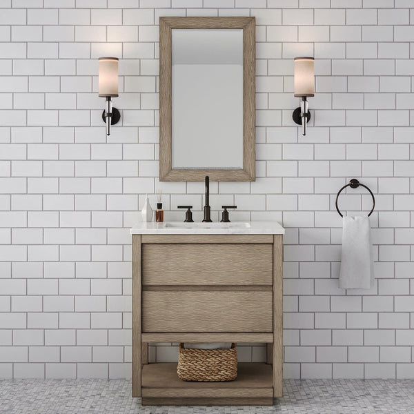 Water Creation OA30CW00GK-R21000000 OAKMAN 30W x 34.3H Gray Oak Single-Sink Vanity with Carrara White Marble Countertop + Rectangular Mirror