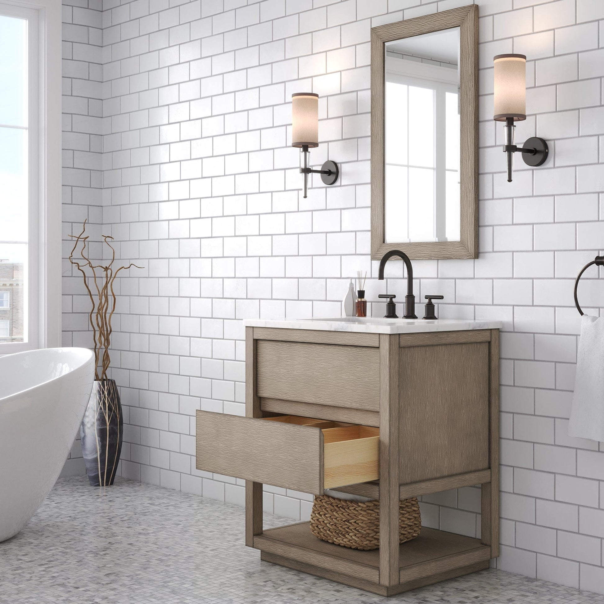 Water Creation OA30CW00GK-R21000000 OAKMAN 30"W x 34.3"H Gray Oak Single-Sink Vanity with Carrara White Marble Countertop + Rectangular Mirror