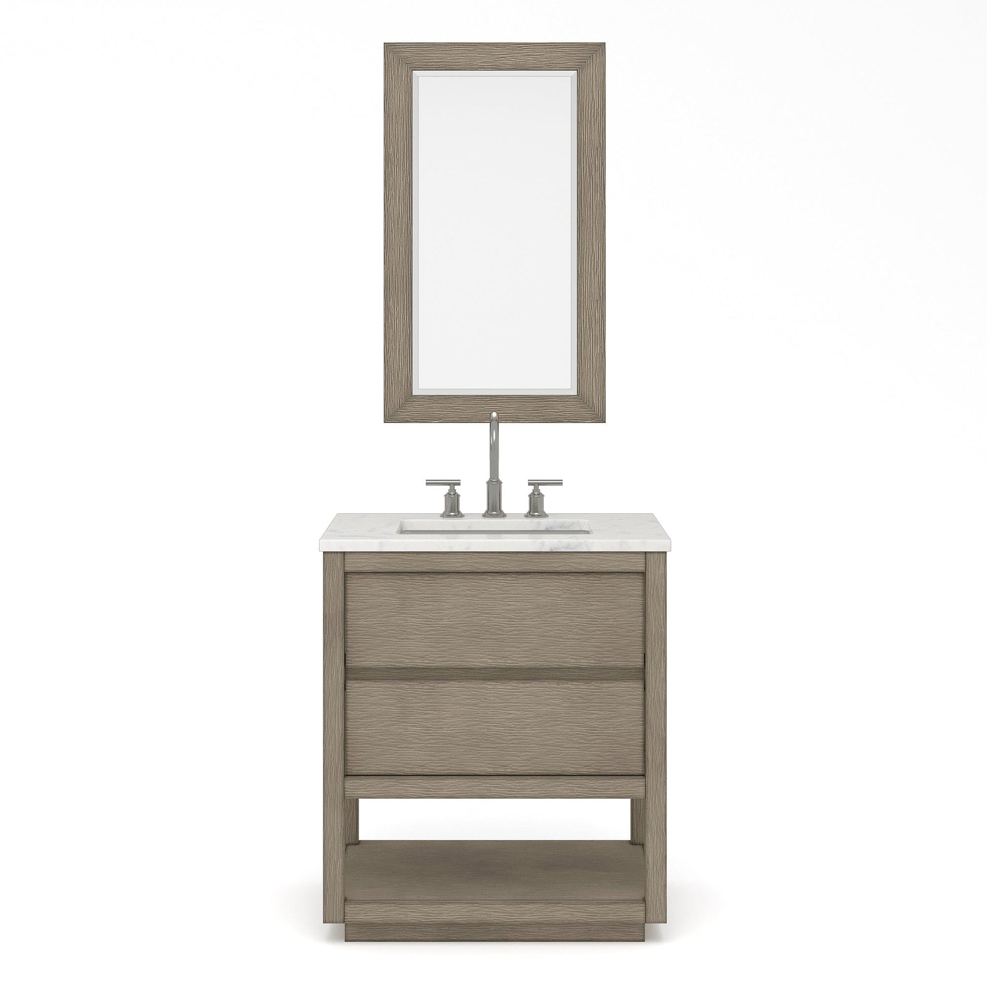 Water Creation OA30CW00GK-R21BL1401 OAKMAN 30"W x 34.3"H Gray Oak Single-Sink Vanity with Carrara White Marble Countertop + Chrome Faucet and Rectangular Mirror