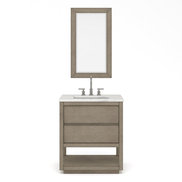 Water Creation OA30CW00GK-R21BL1401 OAKMAN 30W x 34.3H Gray Oak Single-Sink Vanity with Carrara White Marble Countertop + Chrome Faucet and Rectangular Mirror