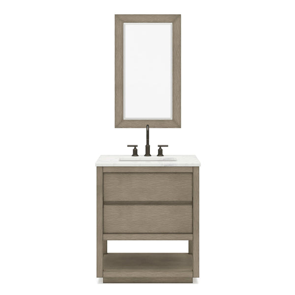 Water Creation OA30CW00GK-R21BL1403 OAKMAN 30W x 34.3H Gray Oak Single-Sink Vanity with Carrara White Marble Countertop + ORB Faucet and Rectangular Mirror