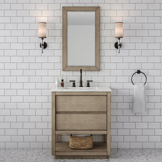 Water Creation OA30CW00GK-R21BL1403 OAKMAN 30"W x 34.3"H Gray Oak Single-Sink Vanity with Carrara White Marble Countertop + ORB Faucet and Rectangular Mirror