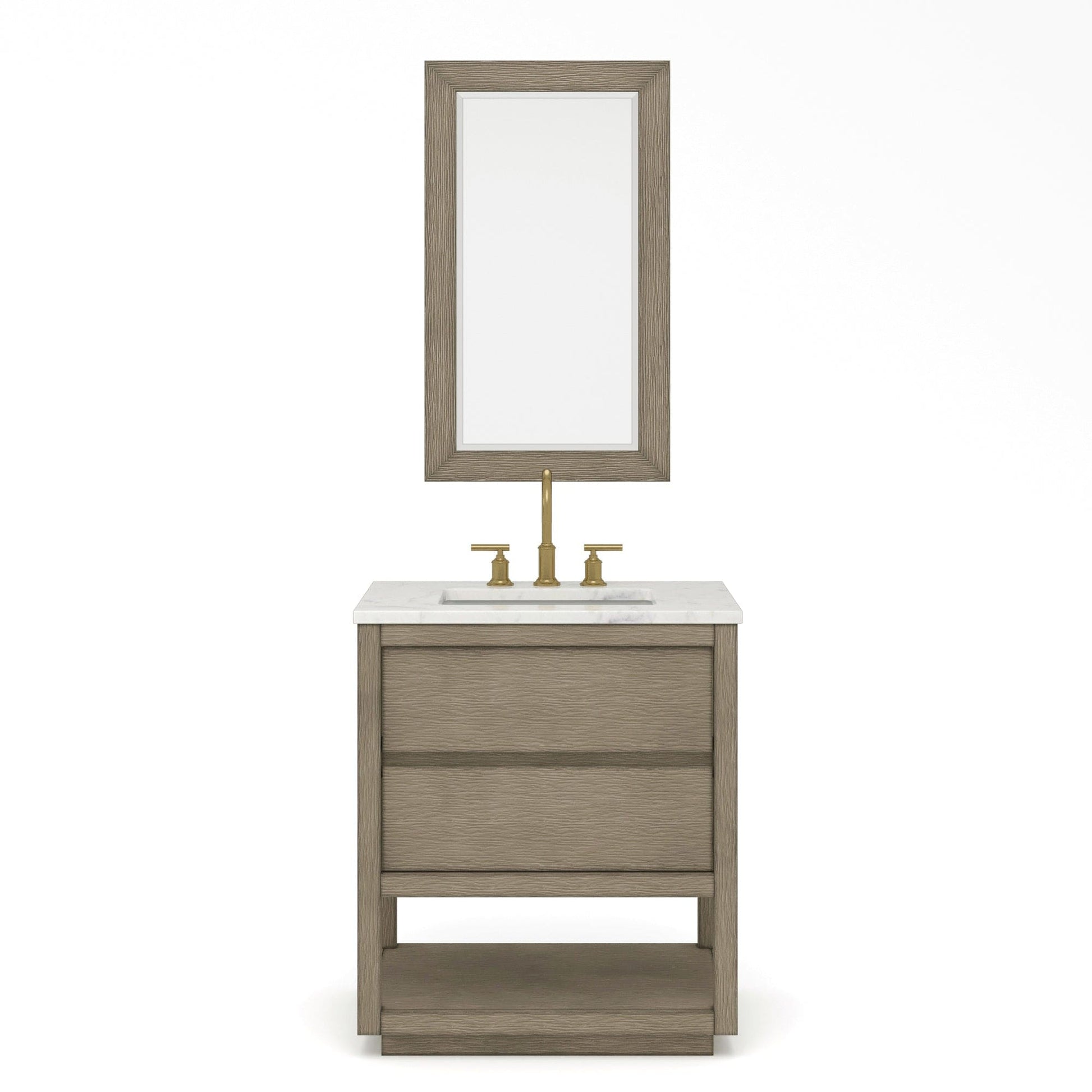 Water Creation OA30CW00GK-R21BL1406 OAKMAN 30"W x 34.3"H Gray Oak Single-Sink Vanity with Carrara White Marble Countertop + Gold Faucets and Rectangular Mirrors