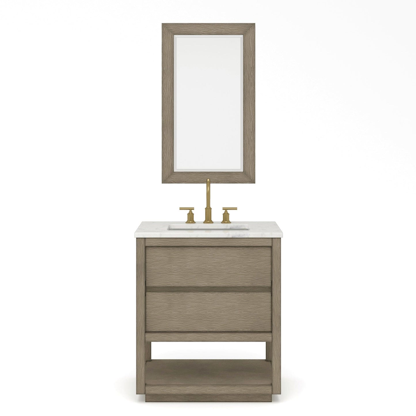 Water Creation OA30CW00GK-R21BL1406 OAKMAN 30"W x 34.3"H Gray Oak Single-Sink Vanity with Carrara White Marble Countertop + Gold Faucets and Rectangular Mirrors