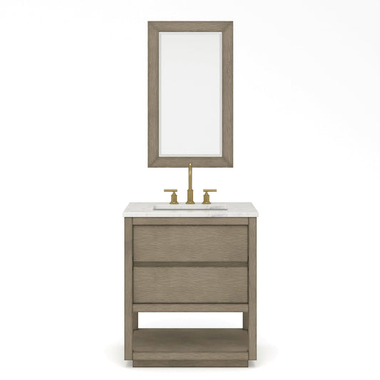 Water Creation OA30CW00GK-R21BL1406 OAKMAN 30"W x 34.3"H Gray Oak Single-Sink Vanity with Carrara White Marble Countertop + Gold Faucets and Rectangular Mirrors