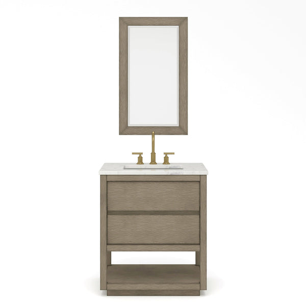 Water Creation OA30CW00GK-R21BL1406 OAKMAN 30W x 34.3H Gray Oak Single-Sink Vanity with Carrara White Marble Countertop + Gold Faucets and Rectangular Mirrors