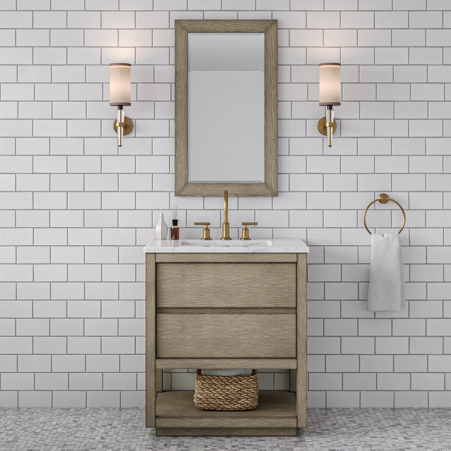 Water Creation OA30CW00GK-R21BL1406 OAKMAN 30"W x 34.3"H Gray Oak Single-Sink Vanity with Carrara White Marble Countertop + Gold Faucets and Rectangular Mirrors