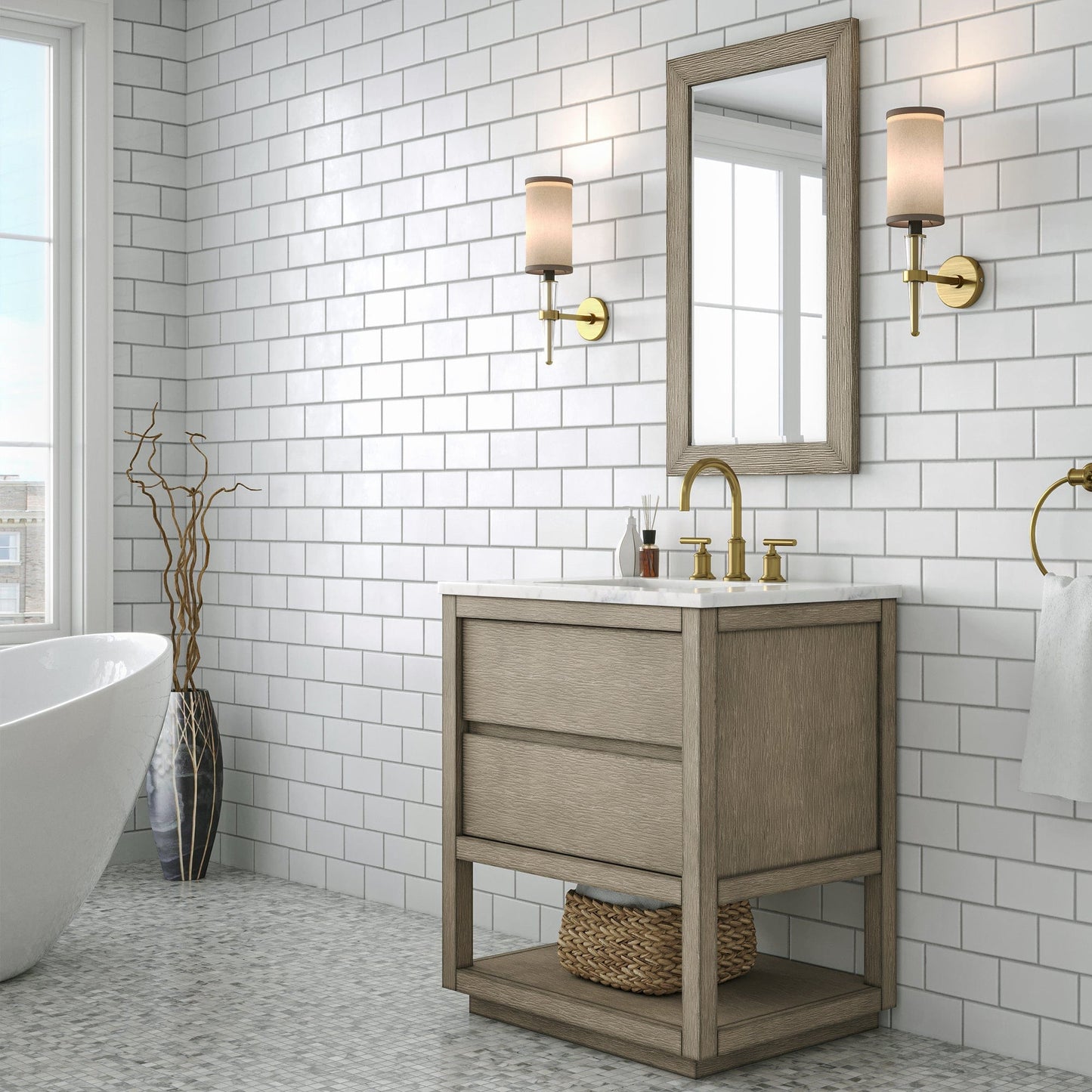 Water Creation OA30CW00GK-R21BL1406 OAKMAN 30"W x 34.3"H Gray Oak Single-Sink Vanity with Carrara White Marble Countertop + Gold Faucets and Rectangular Mirrors