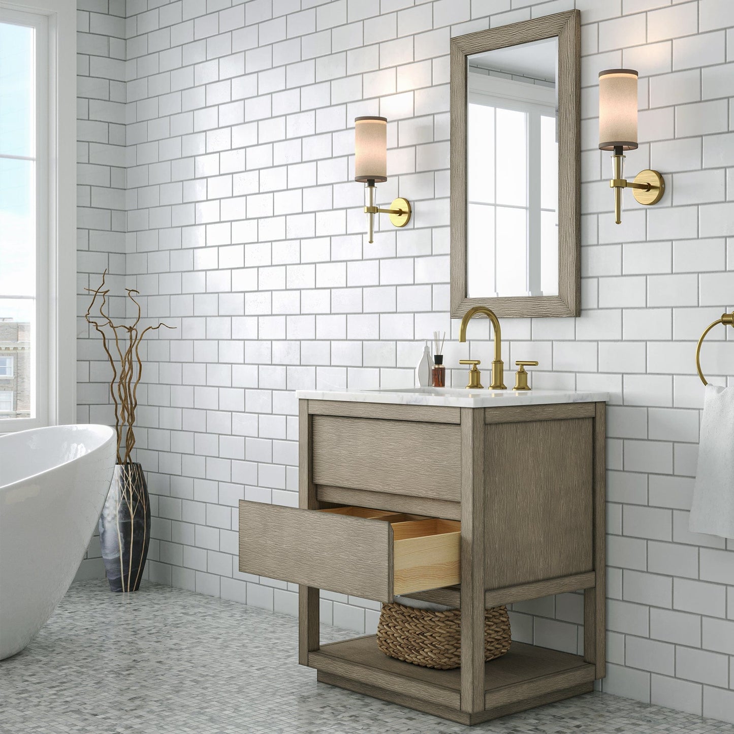 Water Creation OA30CW00GK-R21BL1406 OAKMAN 30"W x 34.3"H Gray Oak Single-Sink Vanity with Carrara White Marble Countertop + Gold Faucets and Rectangular Mirrors