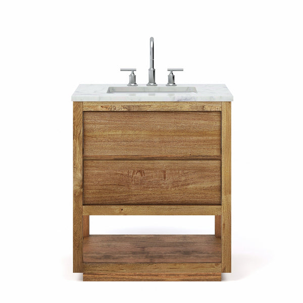 Water Creation OA30CW00MW-000BL1401 OAKMAN 30W x 34.3H Mango Wood Single-Sink Vanity with Carrara White Marble Countertop + Chrome Faucet