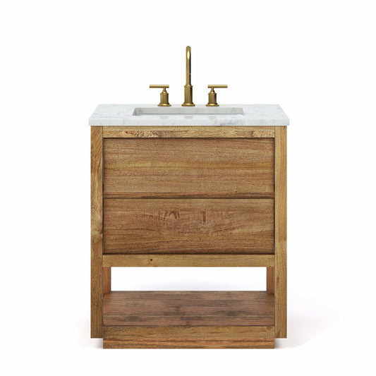 Water Creation OA30CW00MW-000BL1406 OAKMAN 30"W x 34.3"H Mango Wood Single-Sink Vanity with Carrara White Marble Countertop + Satin Gold Faucet