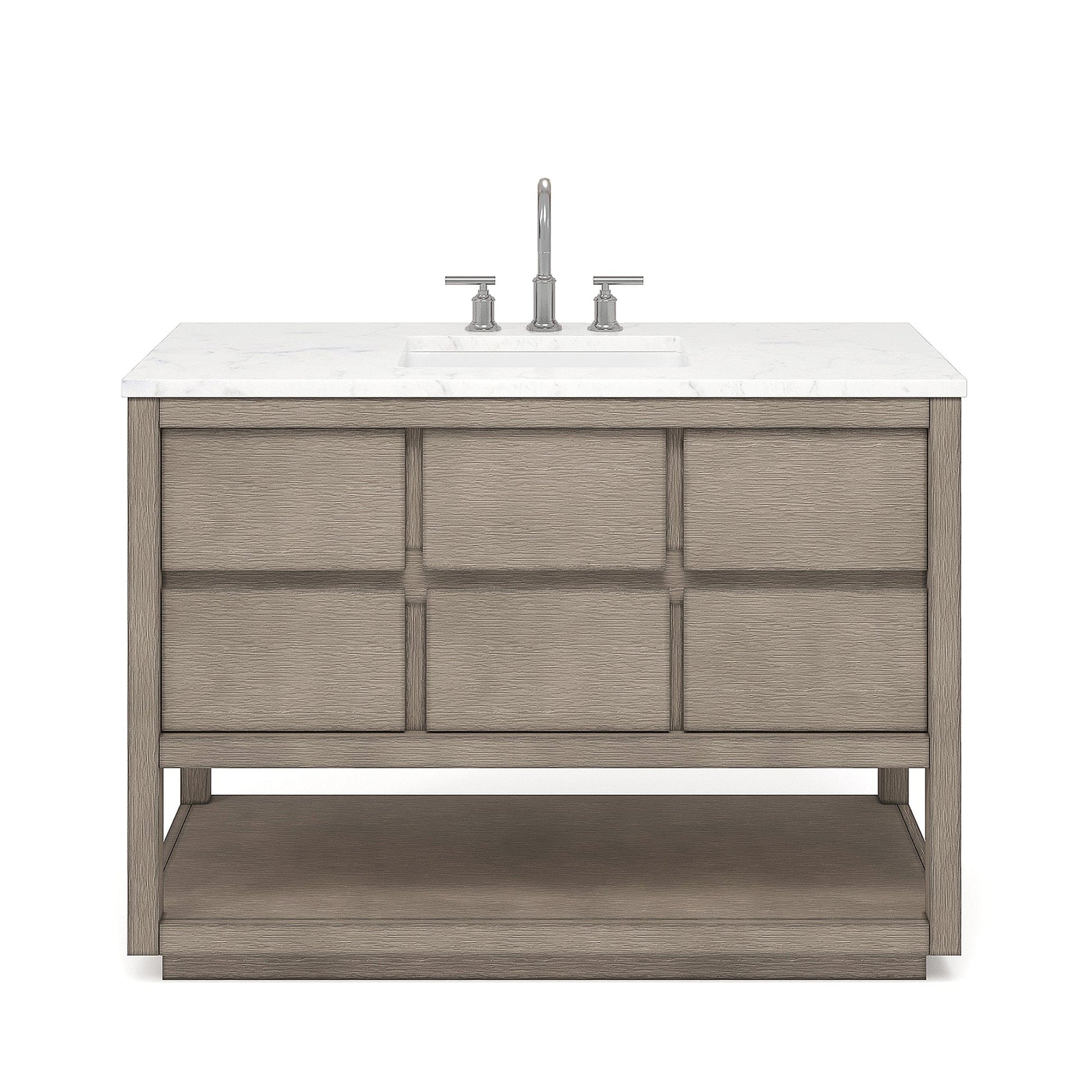 Water Creation OA48CW00GK-000BL1401 OAKMAN 48"W x 34.3"H Gray Oak Double-Sink Vanity with Carrara White Marble Countertop + Chrome Faucet