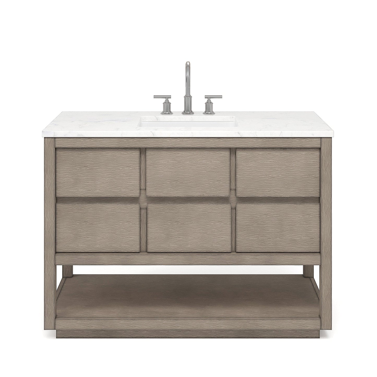 Water Creation OA48CW00GK-000BL1401 OAKMAN 48"W x 34.3"H Gray Oak Double-Sink Vanity with Carrara White Marble Countertop + Chrome Faucet