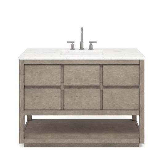 Water Creation OA48CW00GK-000BL1401 OAKMAN 48"W x 34.3"H Gray Oak Double-Sink Vanity with Carrara White Marble Countertop + Chrome Faucet