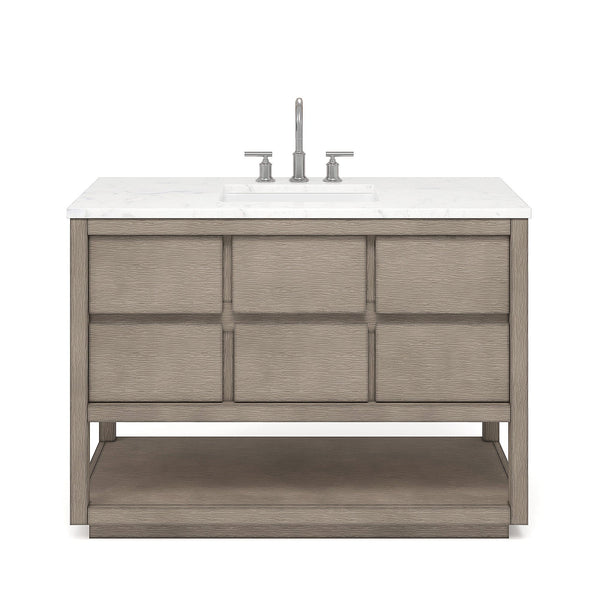 Water Creation OA48CW00GK-000BL1401 OAKMAN 48W x 34.3H Gray Oak Double-Sink Vanity with Carrara White Marble Countertop + Chrome Faucet