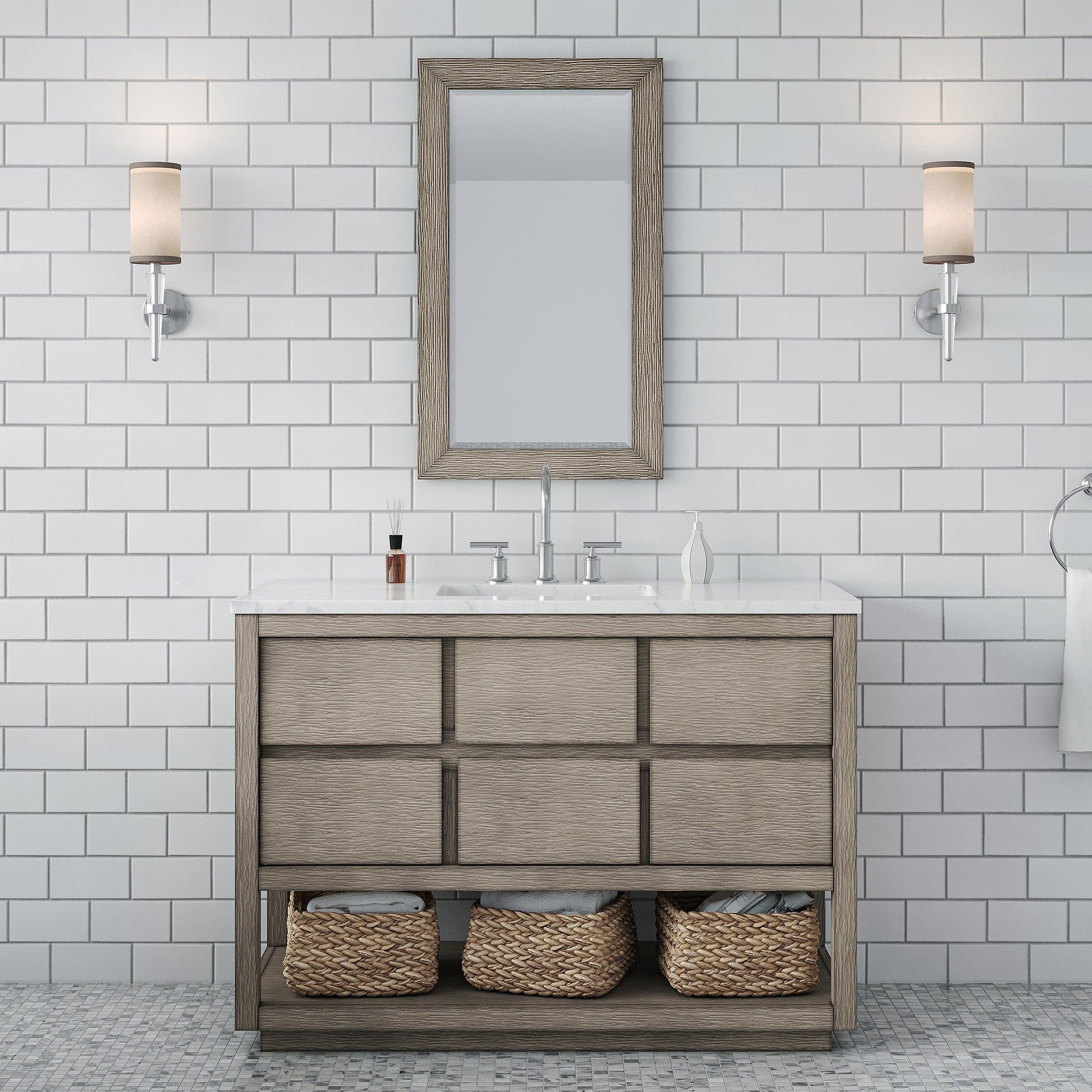 Water Creation OA48CW00GK-000BL1401 OAKMAN 48"W x 34.3"H Gray Oak Double-Sink Vanity with Carrara White Marble Countertop + Chrome Faucet