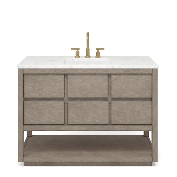 Water Creation OA48CW00GK-000BL1406 OAKMAN 48W x 34.3H Gray Oak Single-Sink Vanity with Carrara White Marble Countertop + Gold Faucets