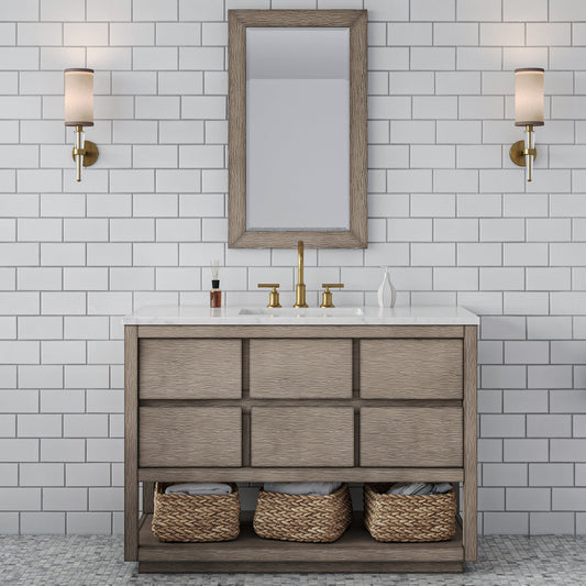 Water Creation OA48CW00GK-000BL1406 OAKMAN 48"W x 34.3"H Gray Oak Single-Sink Vanity with Carrara White Marble Countertop + Gold Faucets