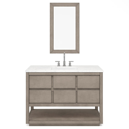 Water Creation OA48CW00GK-R21BL1401 OAKMAN 48"W x 34.3"H Gray Oak Single-Sink Vanity with Carrara White Marble Countertop + Chrome Faucet and Rectangular Mirror