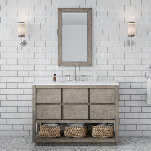 Water Creation OA48CW00GK-R21BL1401 OAKMAN 48"W x 34.3"H Gray Oak Single-Sink Vanity with Carrara White Marble Countertop + Chrome Faucet and Rectangular Mirror