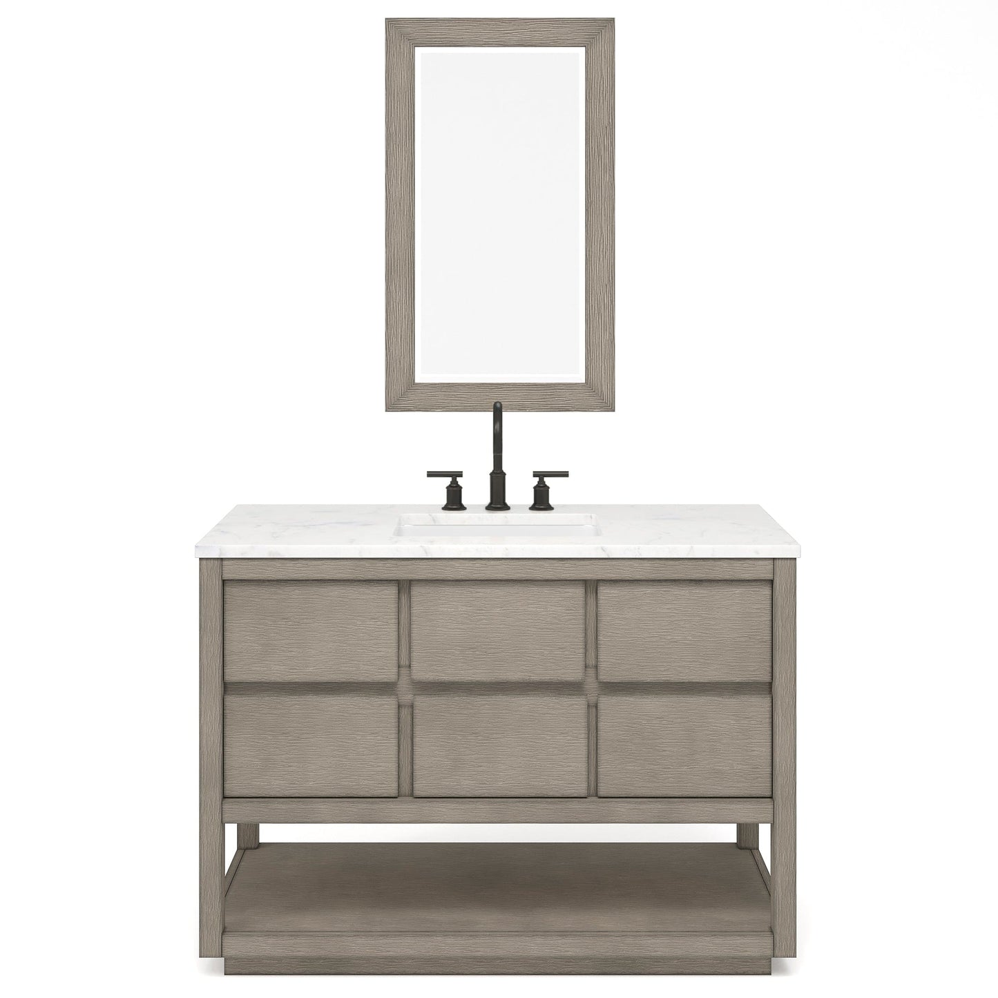 Water Creation OA48CW00GK-R21BL1403 OAKMAN 48"W x 34.3"H Gray Oak Single-Sink Vanity with Carrara White Marble Countertop + ORB Faucet and Rectangular Mirror