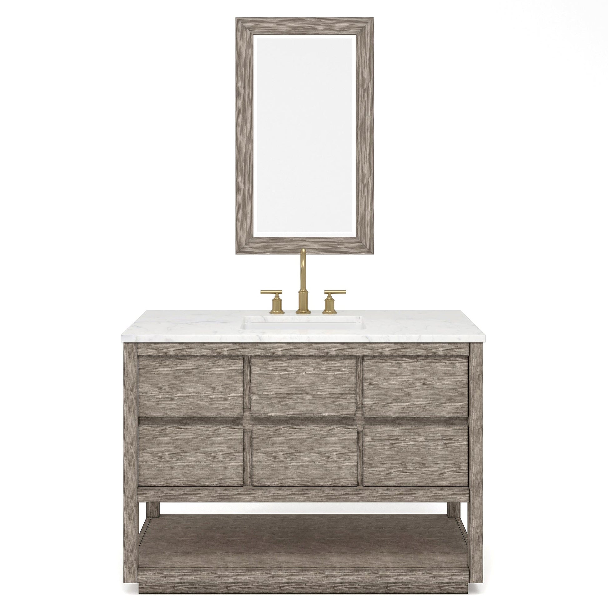 Water Creation OA48CW00GK-R21BL1406 OAKMAN 48"W x 34.3"H Gray Oak Single-Sink Vanity with Carrara White Marble Countertop + Gold Faucets and Rectangular Mirrors