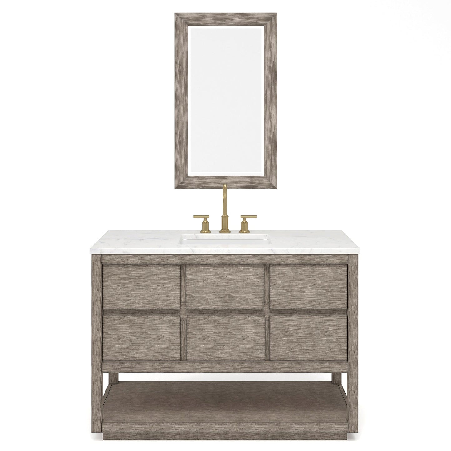 Water Creation OA48CW00GK-R21BL1406 OAKMAN 48"W x 34.3"H Gray Oak Single-Sink Vanity with Carrara White Marble Countertop + Gold Faucets and Rectangular Mirrors