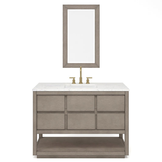 Water Creation OA48CW00GK-R21BL1406 OAKMAN 48"W x 34.3"H Gray Oak Single-Sink Vanity with Carrara White Marble Countertop + Gold Faucets and Rectangular Mirrors