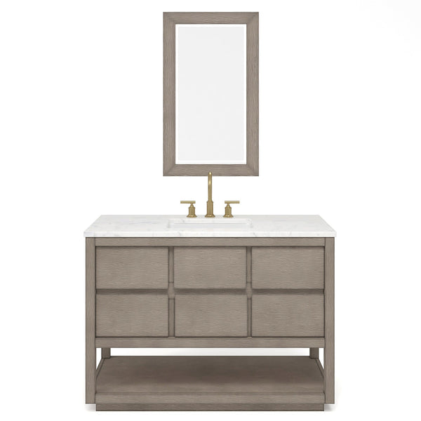 Water Creation OA48CW00GK-R21BL1406 OAKMAN 48W x 34.3H Gray Oak Single-Sink Vanity with Carrara White Marble Countertop + Gold Faucets and Rectangular Mirrors