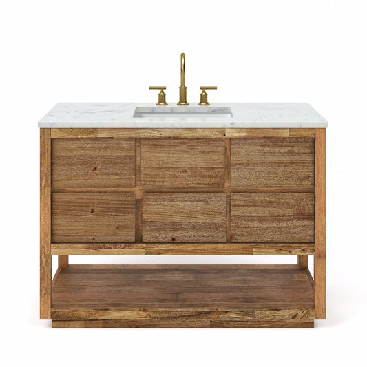 Water Creation OA48CW00MW-000BL1406 OAKMAN 48"W x 34.3"H Mango Wood Single-Sink Vanity with Carrara White Marble Countertop + Satin Gold Faucet