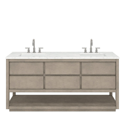 Water Creation OA72CW00GK-000BL1401 OAKMAN 72"W x 34.3"H Gray Oak Double-Sink Vanity with Carrara White Marble Countertop + Chrome Faucets