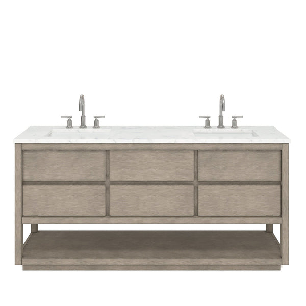 Water Creation OA72CW00GK-000BL1401 OAKMAN 72W x 34.3H Gray Oak Double-Sink Vanity with Carrara White Marble Countertop + Chrome Faucets