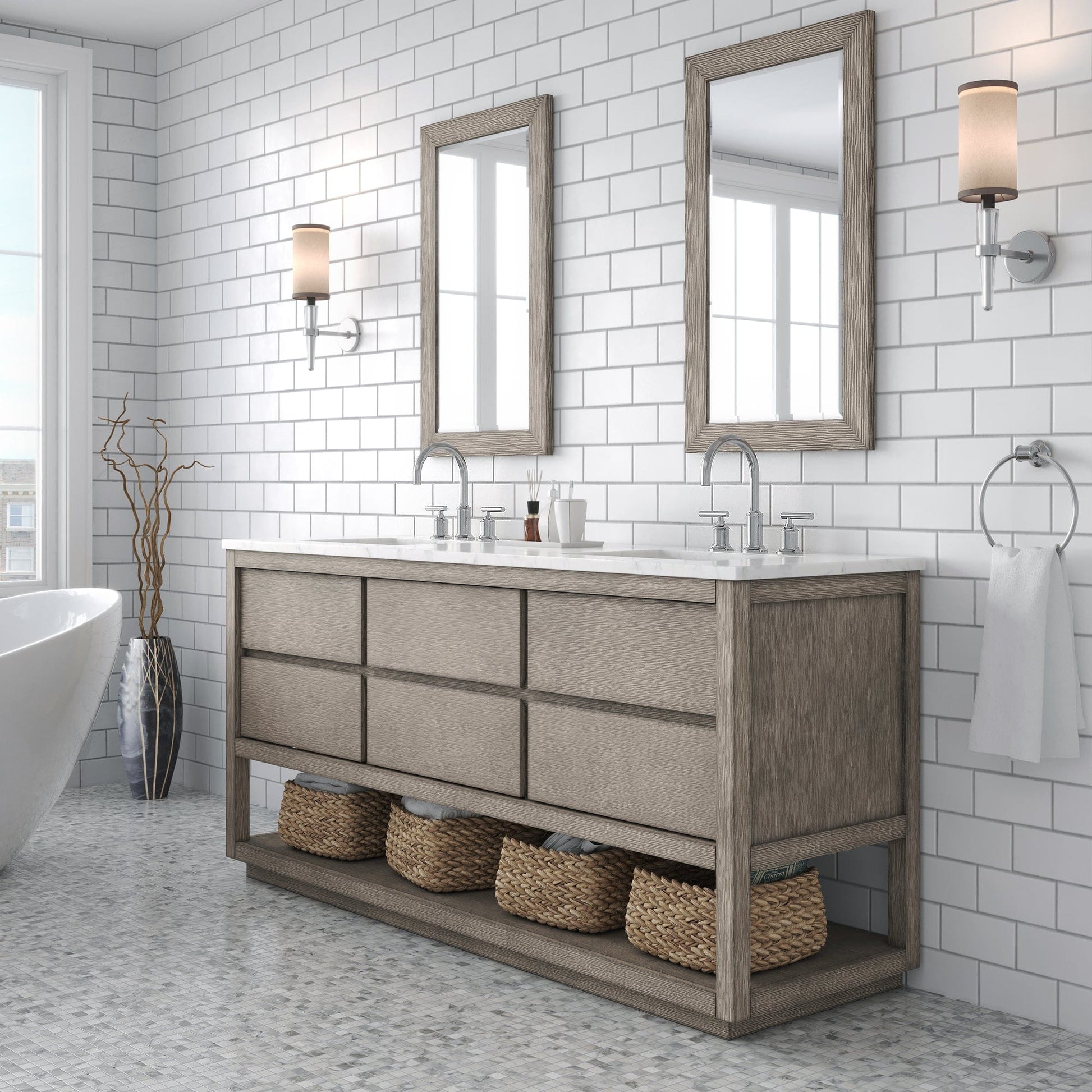 Water Creation OA72CW00GK-000BL1401 OAKMAN 72"W x 34.3"H Gray Oak Double-Sink Vanity with Carrara White Marble Countertop + Chrome Faucets