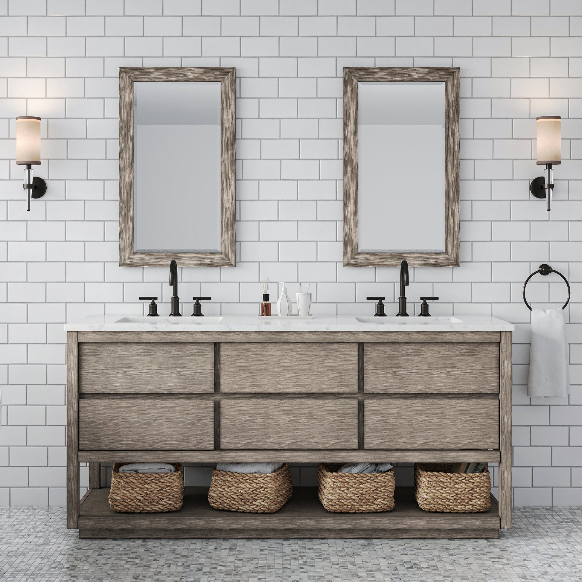 Water Creation OA72CW00GK-000BL1403 OAKMAN 72"W x 34.3"H Gray Oak Double-Sink Vanity with Carrara White Marble Countertop + ORB Faucets